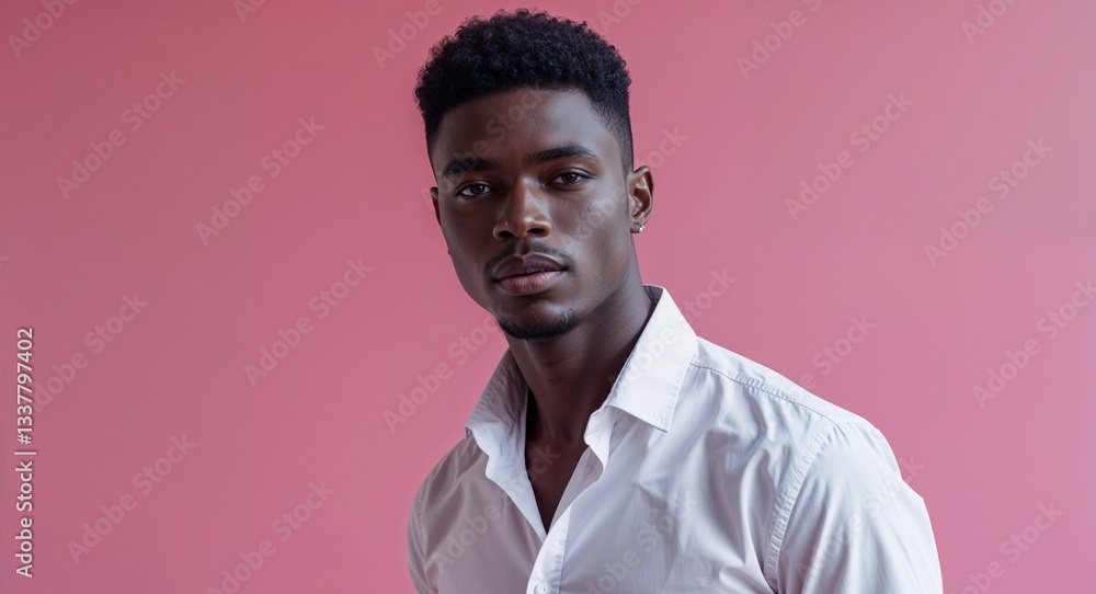 Obraz premium Black African guy in white shirt on pink bright plain background model pose photo
