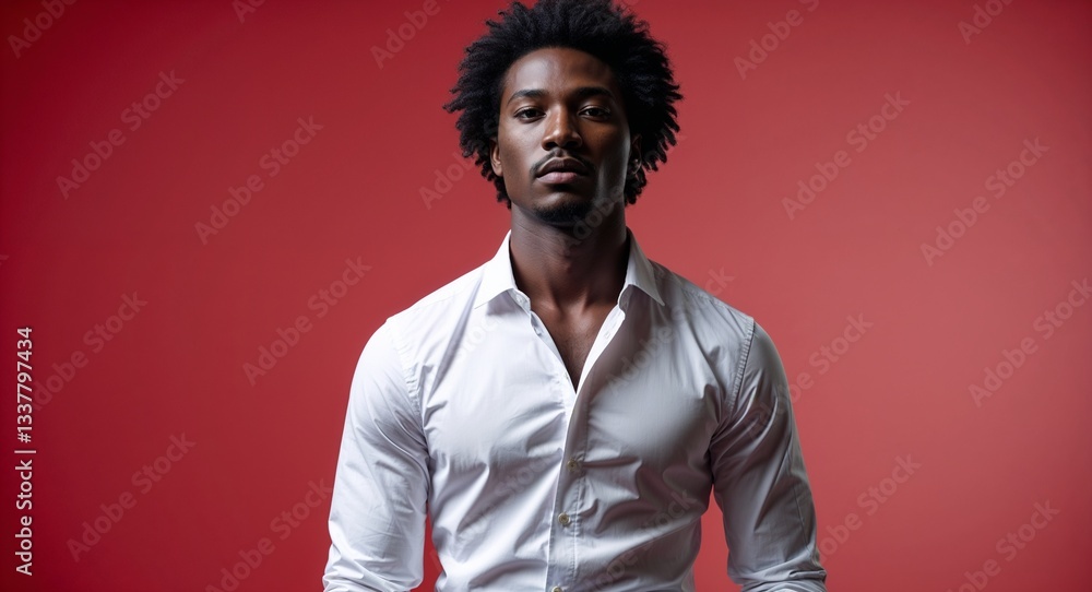Obraz premium Black African guy in white shirt on red bright plain background model pose photo