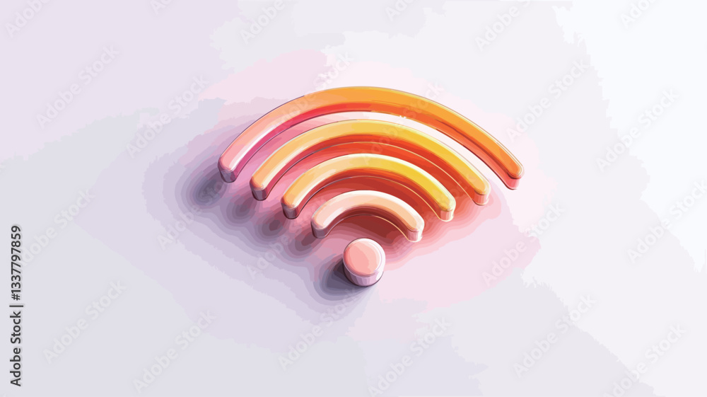 Obraz premium Close-up shot of a three-dimensional wifi symbol rendered in pastel orange and pink gradient colors. The symbol is presented against a plain, light-grey background. The 3D model has a slightly