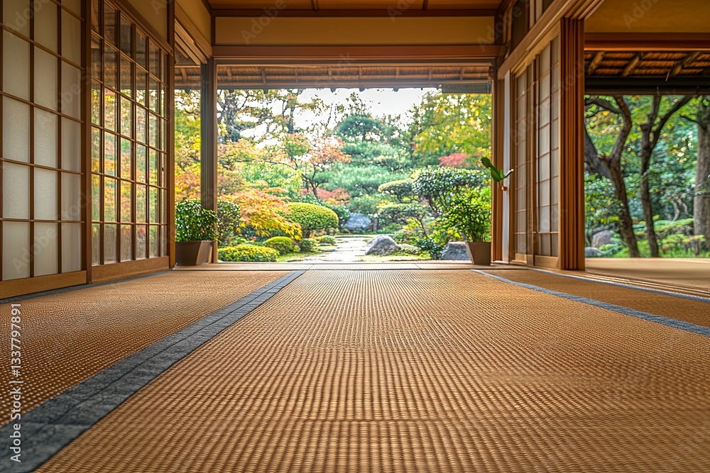 Obraz premium Traditional Japanese home interior looking out to serene outdoor garden