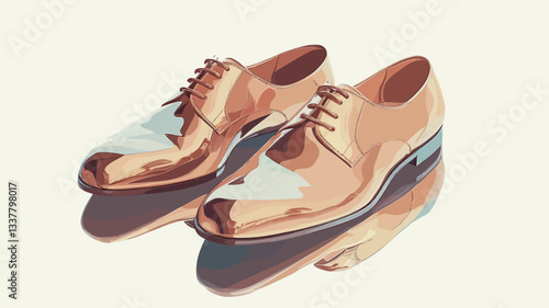A close-up shot depicts a pair of polished, light brown leather Oxford shoes. The shoes are positioned slightly angled, with one shoe slightly overlapping the other. The shoes are highly