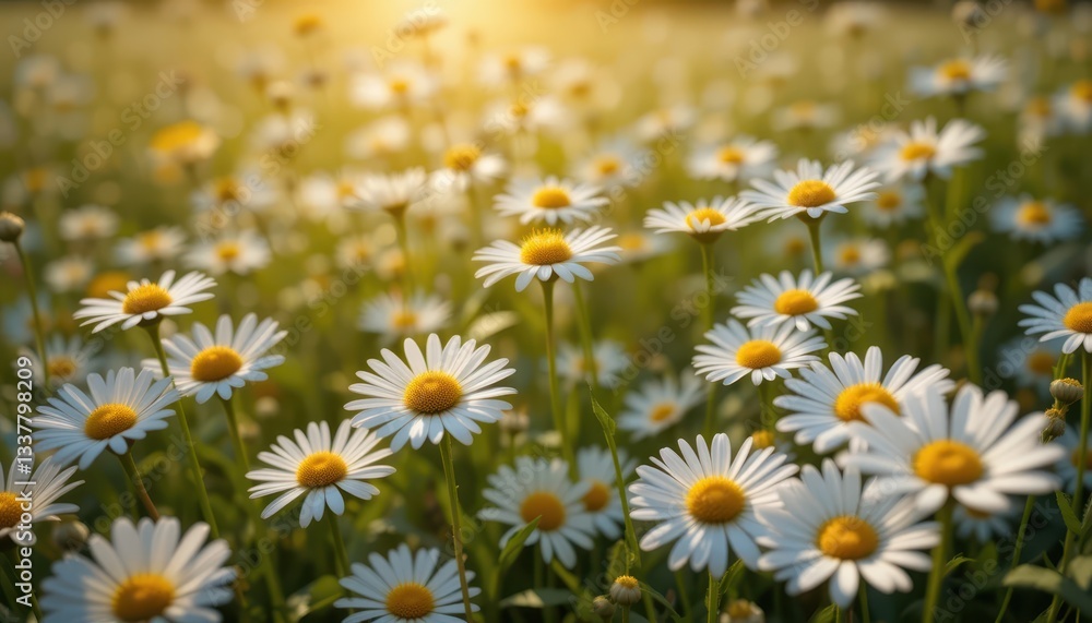 Sunlit Field of Daisies Blooming Under Warm Evening Light Sunlit Field of Daisies Blooming Under Warm Evening Light