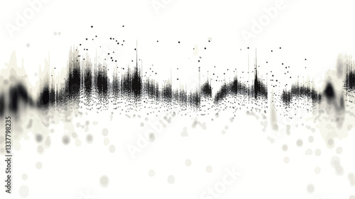 The image presents a horizontal, abstract texture composed primarily of black and white tones.  The black elements appear as irregular, jagged shapes and speckles, varying in density and size