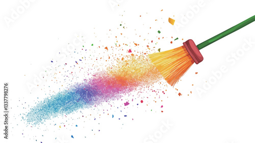 A digital illustration depicting a broom with a green handle and orange bristles sweeping a trail of colorful confetti against a pure white background. The confetti trail displays a rainbow