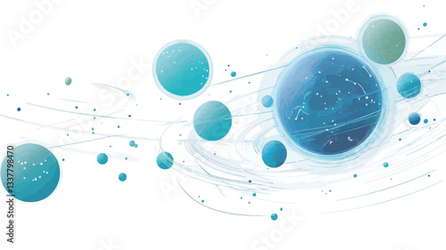 The image is a digital illustration featuring several translucent blue spheres of varying sizes, dispersed across a white background.  These spheres have a slight gradient effect, suggesting depth