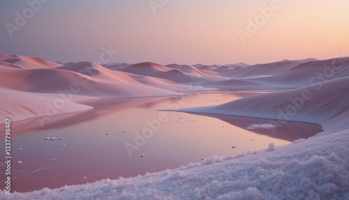 Serene Sunset Over Frozen Landscape with Reflections in Water