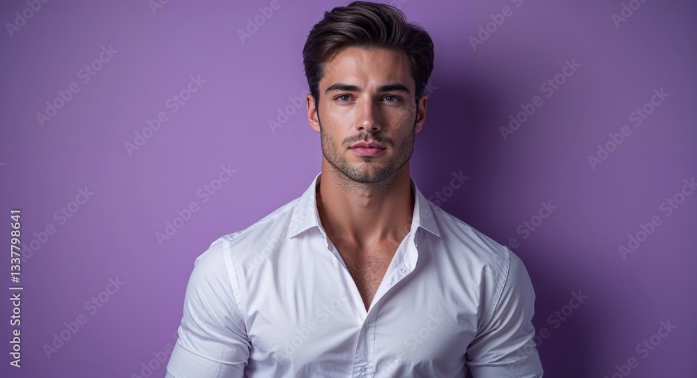Obraz premium Caucasian handsome guy in white shirt on pink bright plain background model pose photo