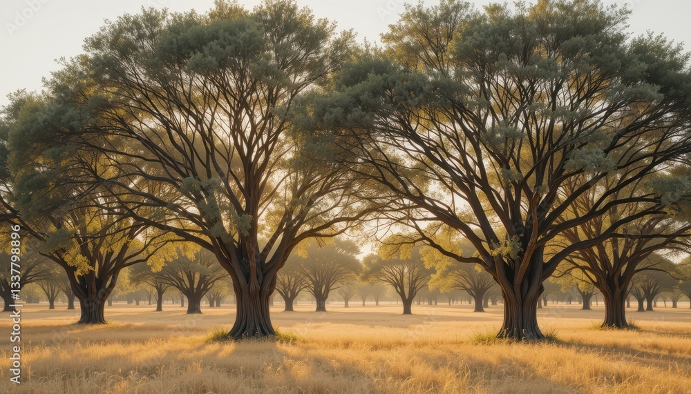 Serene Landscape of Majestic Trees Bathed in Golden Morning Light Serene Landscape of Majestic Trees Bathed in Golden Morning Light