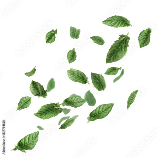 Falling mint leaves isolated on transparent background