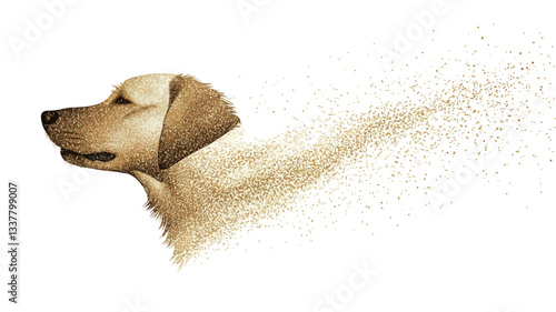 A stylized illustration of a golden retriever's head and shoulders. The dog's body transitions into a stream of golden dust particles that trails off to the right, against a pure white background.