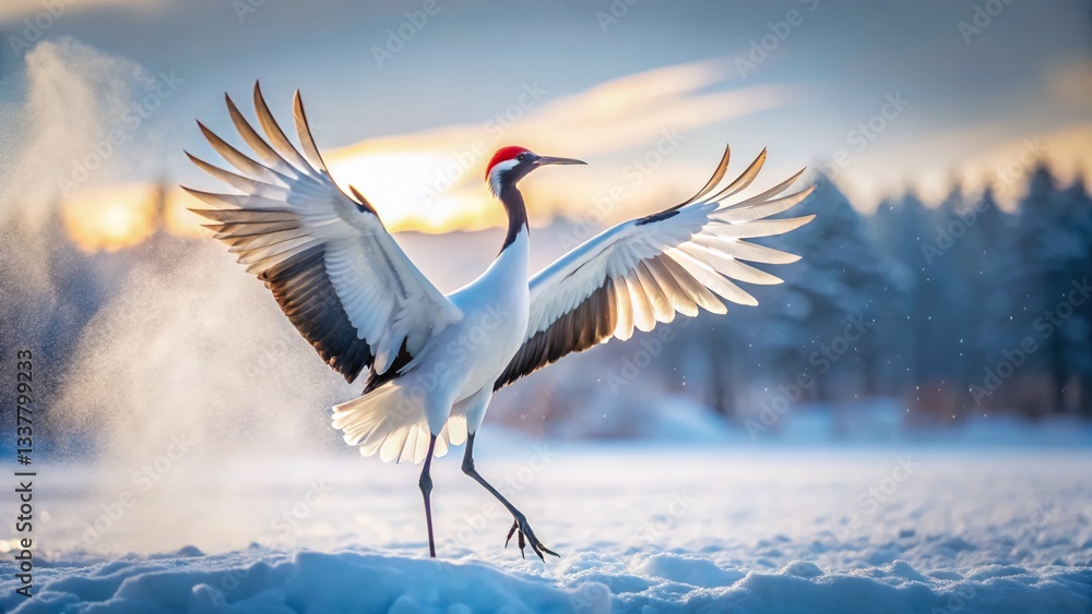 Fototapeta premium Red-Crowned Crane Dancing on Snowy Hokkaido Winter Landscape - Double Exposure Photography