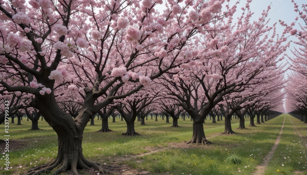 Serene Blossom Orchard with Pink Cherry Trees in Full Bloom Serene Blossom Orchard with Pink Cherry Trees in Full Bloom