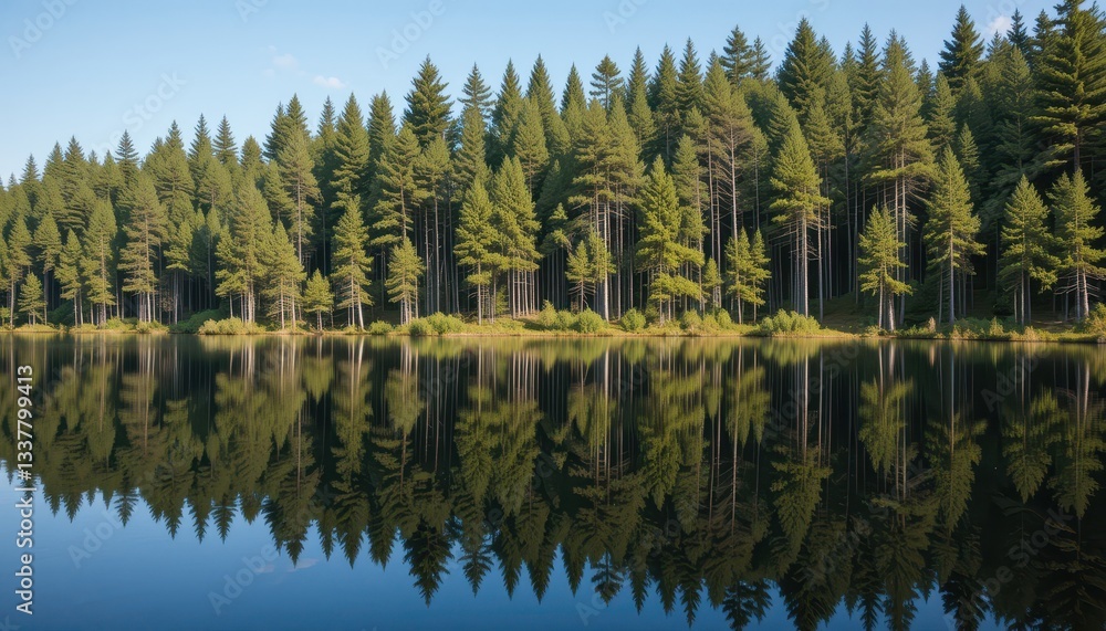 Serene Lake Surrounded by Lush Green Forest and Clear Blue Sky Serene Lake Surrounded by Lush Green Forest and Clear Blue Sky
