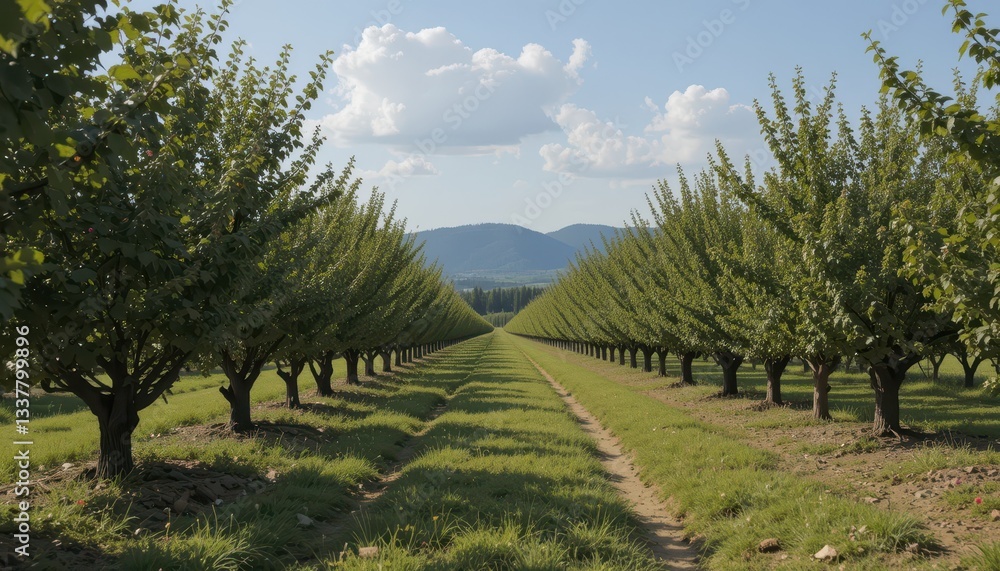 Obraz premium Lush Orchard Landscape with Rows of Trees and Scenic Mountains