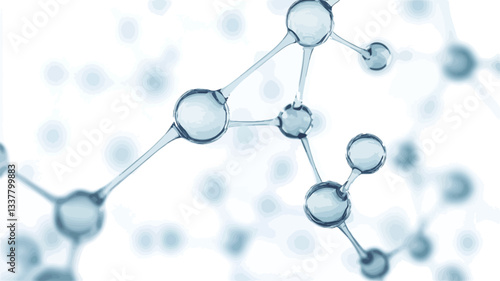 A 3D rendering of a molecular structure. The image depicts numerous translucent, light-blue spherical atoms connected by thin, light-grey bonds, forming a complex network against a bright white