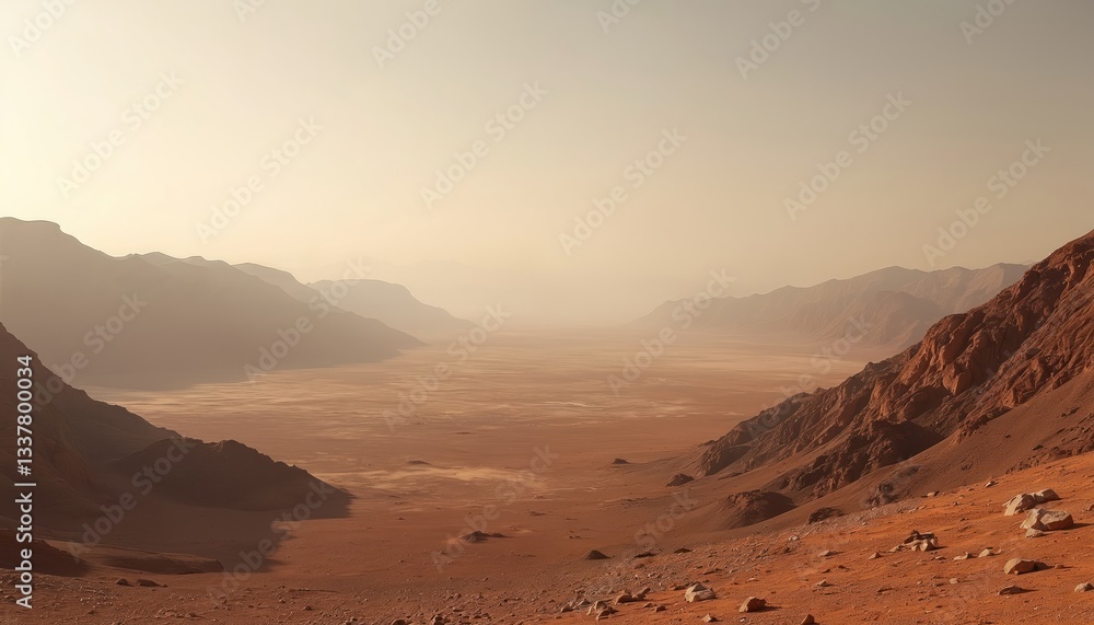 Fototapeta premium Martian landscape of desert valley surrounded by red rocks, distant mountains in fog. Arid dry land in lifeless planet. Exploration of another galaxy. Sandstone stones foreground. Adventure vacation