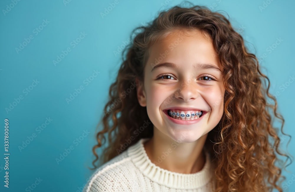 Smiling cheerful teen girl with dental braces on teeth on blue background. Concept of teeth alignment, dental care, treatment, stomatology, orthodontics and modern teeth whitening technology. Smiling cheerful teen girl with dental braces on teeth on blue background. Concept of teeth alignment, dental care, treatment, stomatology, orthodontics and modern teeth whitening technology.