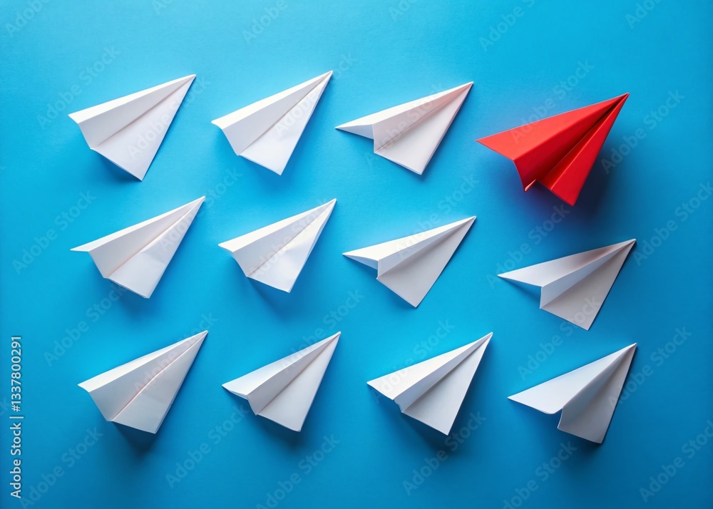 Fototapeta premium Red Paper Airplane Leading White Fleet: Teamwork, Growth, Business Leadership Stock Photo
