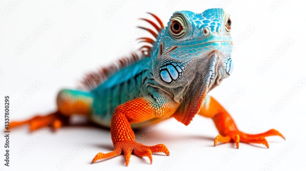 Obraz premium Vibrant blue and orange iguana on white background, studio shot. Reptile with detailed scales and textured skin. 