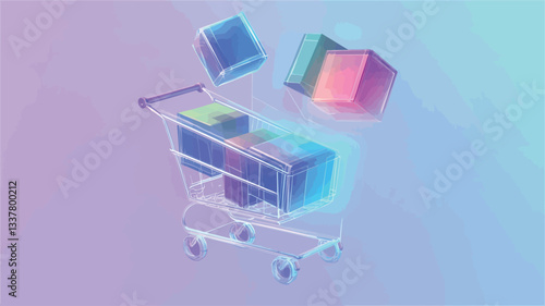 Isometric view of a holographic shopping cart filled with colorful, translucent cubic objects, set against a soft pastel gradient background. The objects appear to float slightly above the cart,
