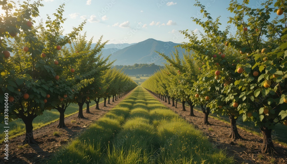 Naklejka premium Serene Orchard Landscape with Rows of Apple Trees and Mountains