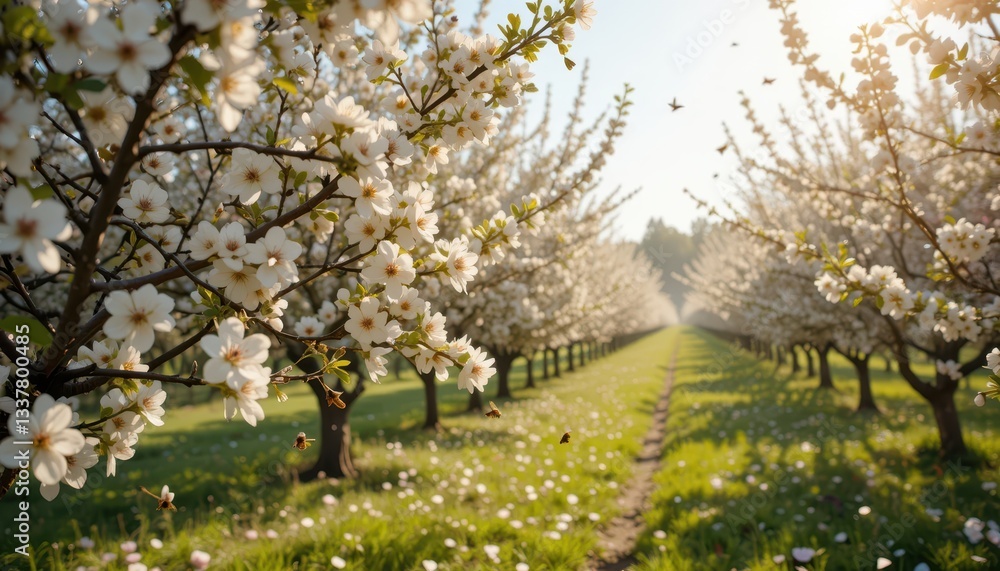 Blooming Orchard Pathway with White Flowers and Sunlight Effect Blooming Orchard Pathway with White Flowers and Sunlight Effect