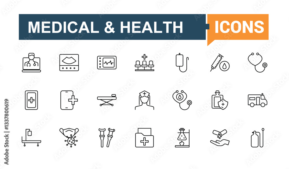 Set of Hospital line icon. Includes symbols for healthcare, health, pharmacy, clinic, medical and more. Icons for UI design. Hospital equipment icon collection. Editable vector art and illustration. Set of Hospital line icon. Includes symbols for healthcare, health, pharmacy, clinic, medical and more. Icons for UI design. Hospital equipment icon collection. Editable vector art and illustration.