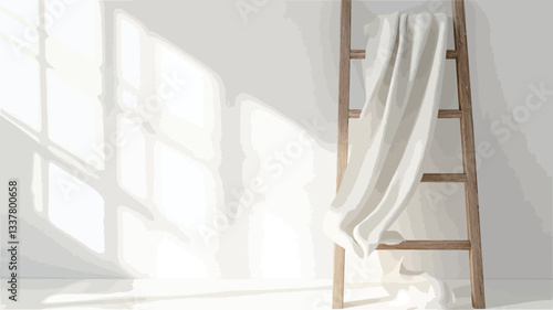 The image shows a bright, white interior space.  Sunlight streams through a window, casting strong shadows on the white wall. A light-colored fabric drape is draped over a light brown wooden ladder