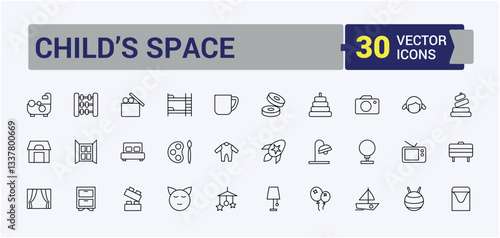 Children Room icon set. Featuring room, child, interior, baby girl, baby, chair, toy and more. Minimalist icons. Child's Space linear icon collection. Pixel perfect. Vector collections.