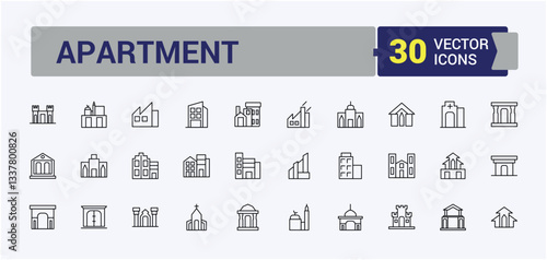 Building icon set. Apartment minimal icons set. Minimalist editable vector stroke. Building and property linear icon collection. Editable vector art.