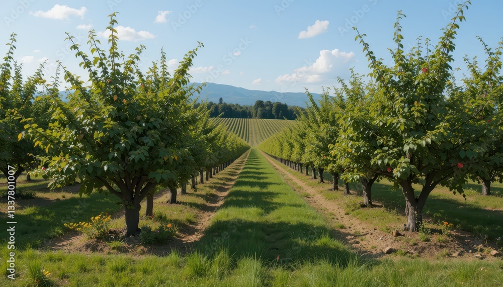 Obraz premium Serene Orchard Landscape with Rows of Trees and Blue Sky Above