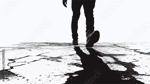 A low-angle, monochrome shot depicts the lower body of a person walking away from the camera. The figure is silhouetted against a bright background, creating a strong contrast between the dark