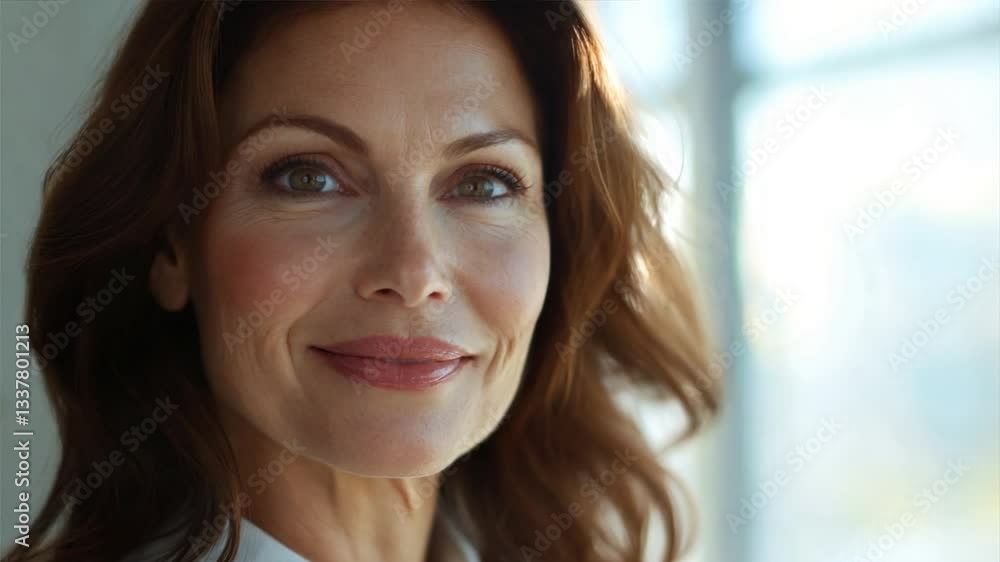 Confident woman with natural beauty and soft smile in bright space Confident woman with natural beauty and soft smile in bright space