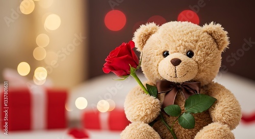 Romantic Teddy Bear with a Red Rose on Valentine's Day