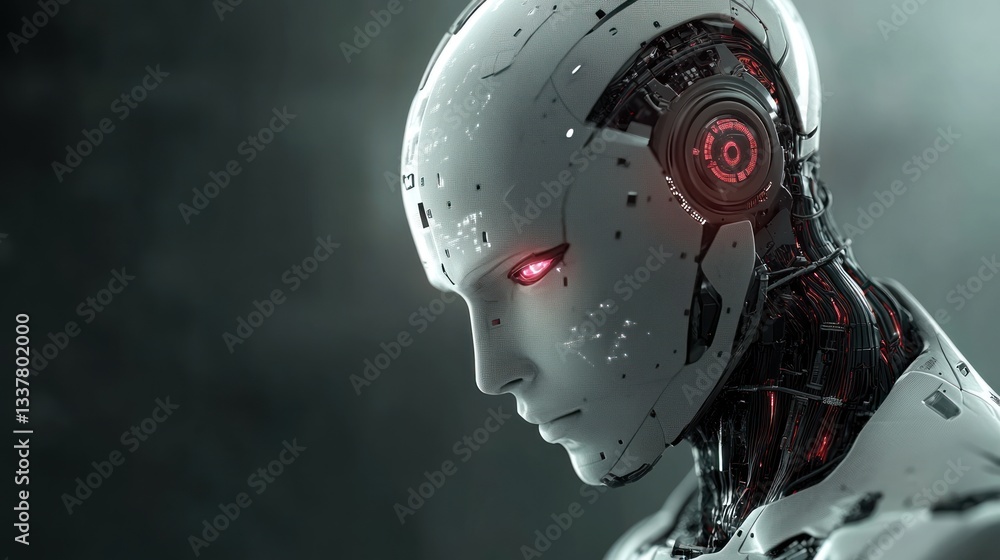 Fototapeta premium Advanced robotic humanoid headshot with intricate internal mechanics and glowing eyes