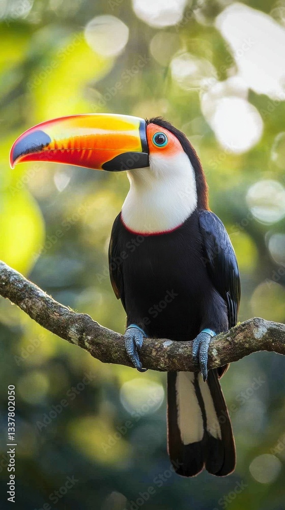 Obraz premium Vibrant toucan perched on a branch, showcasing its colorful beak and plumage against a bokeh background of green foliage. 