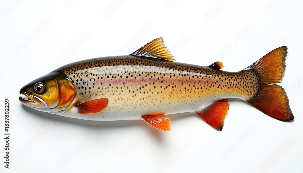 Fototapeta premium Freshwater trout fish closeup laying isolated on white background. Aquatic animal features vibrant rainbow coloration, detailed texture. Perfect for culinary, seafood, fishing, wildlife themes.