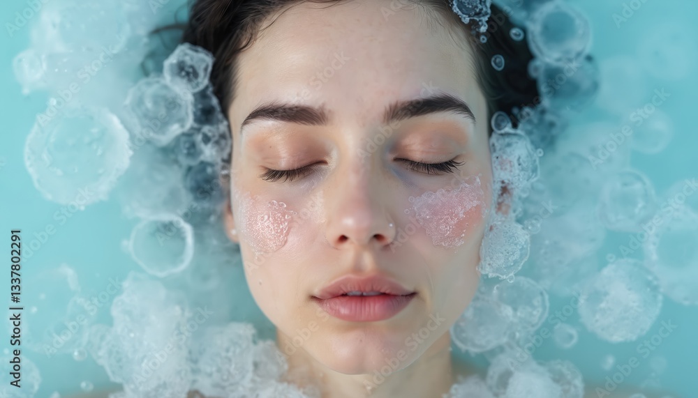 Woman face submerged in water with bubbles, eyes closed, ice bath therapy. Serene beauty portrait, tranquil expression, surrounded by water freshness. Rejuvenation, skincare and wellness procedure. Woman face submerged in water with bubbles, eyes closed, ice bath therapy. Serene beauty portrait, tranquil expression, surrounded by water freshness. Rejuvenation, skincare and wellness procedure.