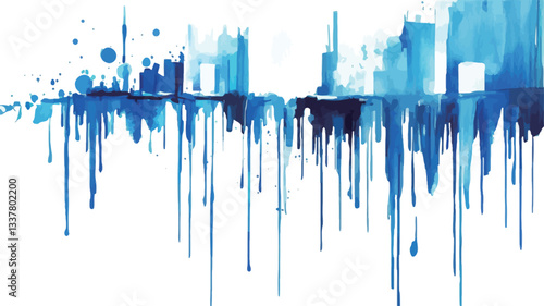 The image is an abstract representation of a cityscape rendered in shades of blue watercolor.  The buildings are depicted in varying shades of blue, creating a sense of depth. The paint appears to