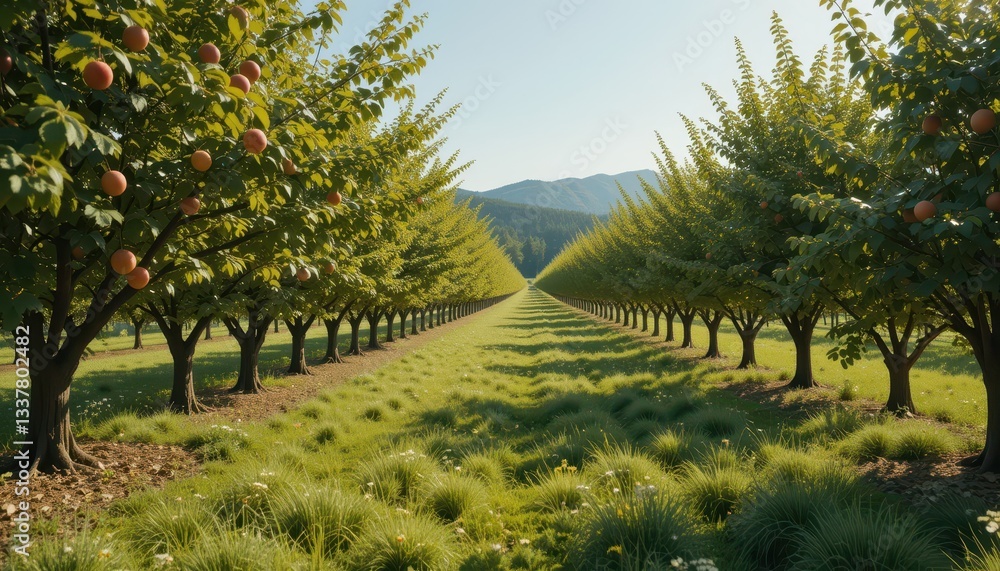 Obraz premium Lush Apple Orchard with Rows of Trees Under Clear Blue Sky