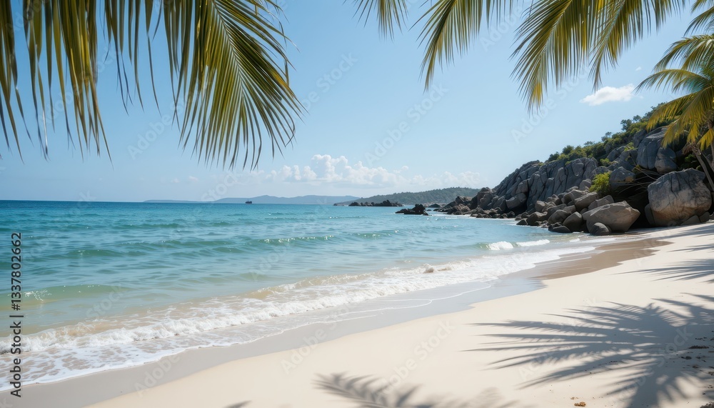 Tranquil Tropical Beach with Crystal Clear Water and Palm Leaves Tranquil Tropical Beach with Crystal Clear Water and Palm Leaves