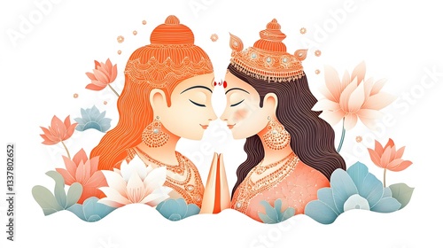 Shiva-Parvati in an artistic papercut style, standing together in a cosmic embrace, adorned with fine patterns and lotus motifs, isolated on a white background.