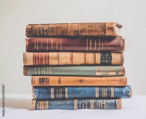 Obraz na płótnie A stack of colorful books on a white background, with soft-focus photography in a retro style, w salonie