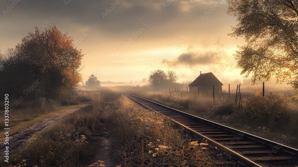 Fototapeta premium Sunrise Foggy Railroad Autumn Landscape