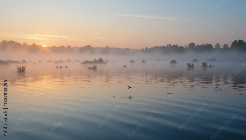 Tranquil Morning Landscape with Mist Over Calm Water Surface Tranquil Morning Landscape with Mist Over Calm Water Surface