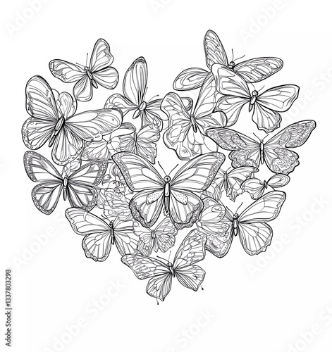 Obraz na płótnie coloring page for adults, heart made of butterflies, white background, clean line art, mandala style w salonie