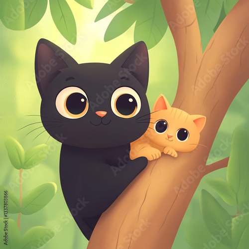 Playful cats in a whimsical forest digital art nature close-up enchanting companionship
