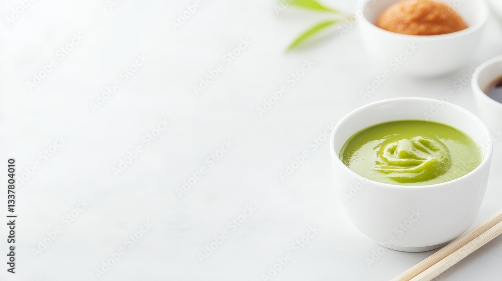 A minimalistic image featuring a bowl of green soup with decorative swirls, accompanied by small dishes of additional condiments. A minimalistic image featuring a bowl of green soup with decorative swirls, accompanied by small dishes of additional condiments.