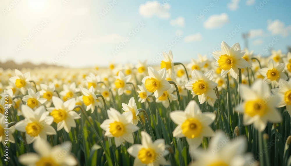 Bright Daffodil Field Under Clear Blue Sky in Spring Sunshine Bright Daffodil Field Under Clear Blue Sky in Spring Sunshine