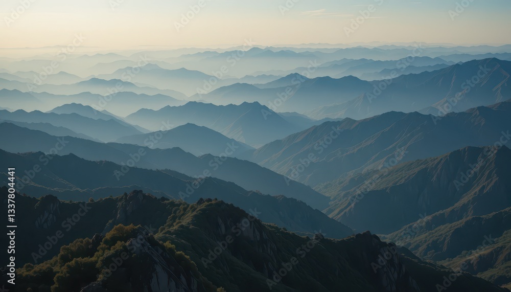 Fototapeta premium Serene Misty Mountain Landscape at Dawn with Layers of Peaks